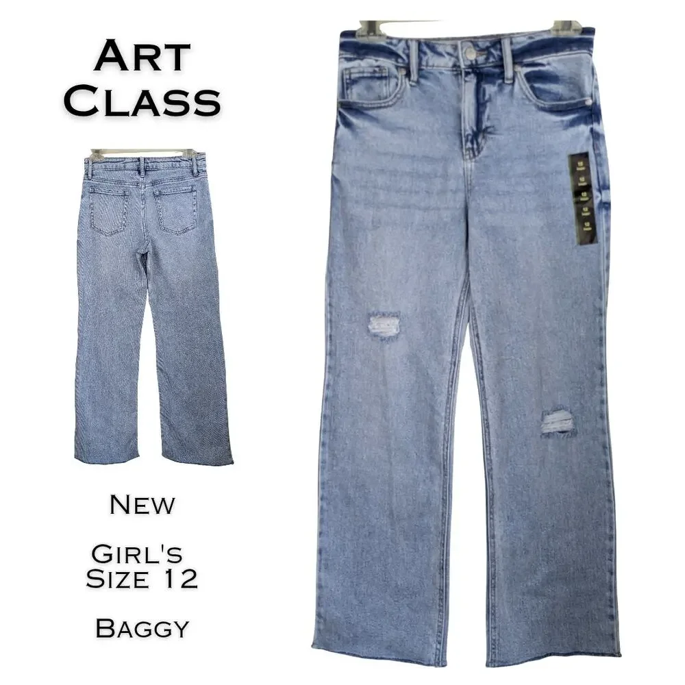 Art Class Girls Baggy Jeans 12 Light Wash Distressed Denim Adjustable Waist NEW